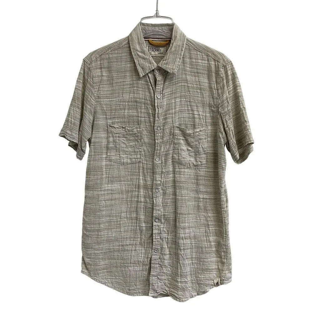 Free Planet Men's Beige Cotton Shirt Button-Down Striped Short Sleeve Large - Picture 1 of 6